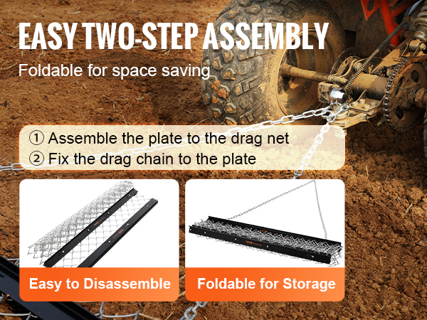 VEVOR drag harrow attached to a tractor, showing easy two-step assembly and foldable for storage.