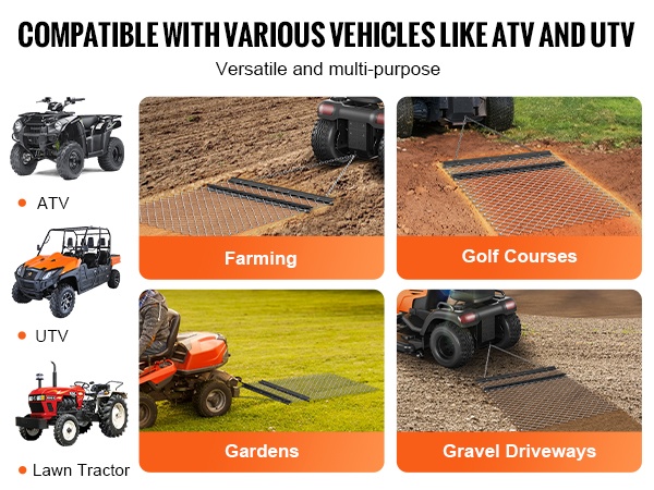 compatible with various vehicles like atv and utv, ideal for farming, golf courses, gardens, and gravel driveways.