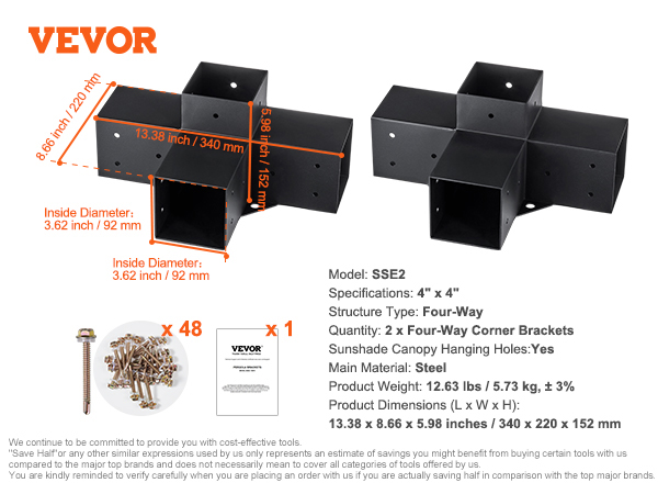 VEVOR pergola bracket kit with four-way corner brackets, screws, and an instruction manual.