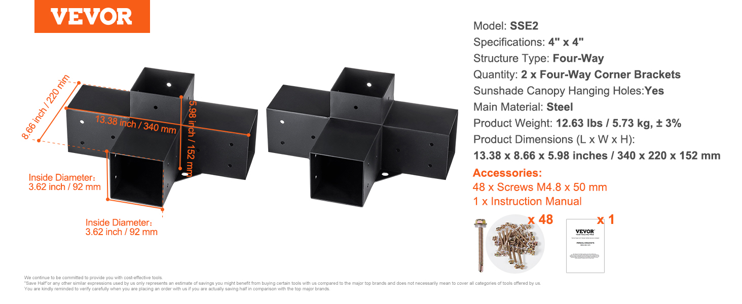 VEVOR pergola bracket kit with four-way corner brackets, screws, and an instruction manual.