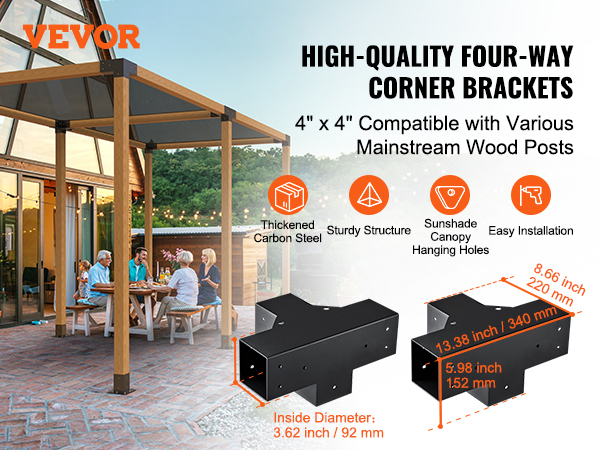VEVOR pergola bracket kit for 4x4 wood posts, featuring sturdy steel construction and canopy hanging holes.
