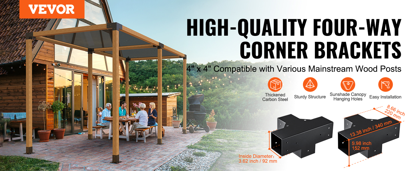 VEVOR pergola bracket kit for 4x4 wood posts, featuring sturdy steel construction and canopy hanging holes.