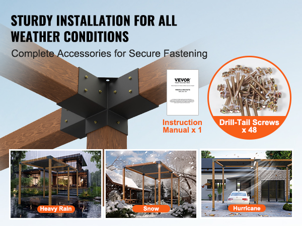 VEVOR pergola bracket kit with 48 screws, manual, showcasing durability in heavy rain, snow, and hurricane conditions.