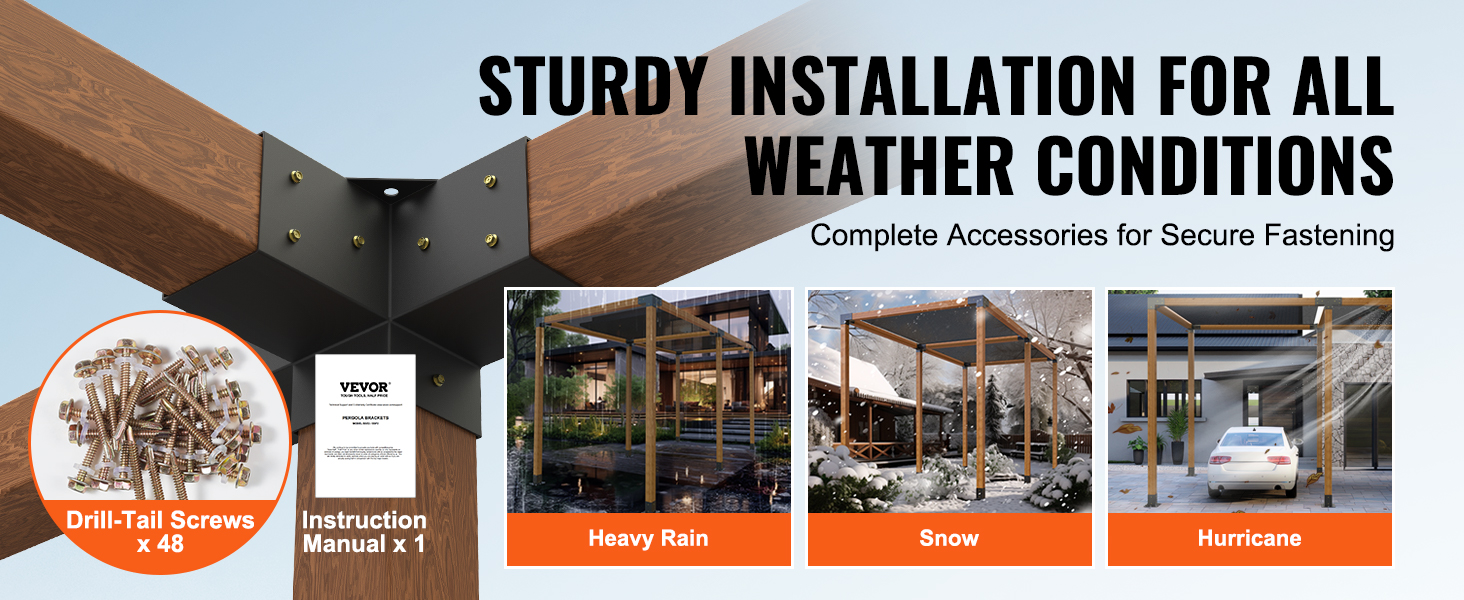 VEVOR pergola bracket kit with 48 screws, manual, showcasing durability in heavy rain, snow, and hurricane conditions.