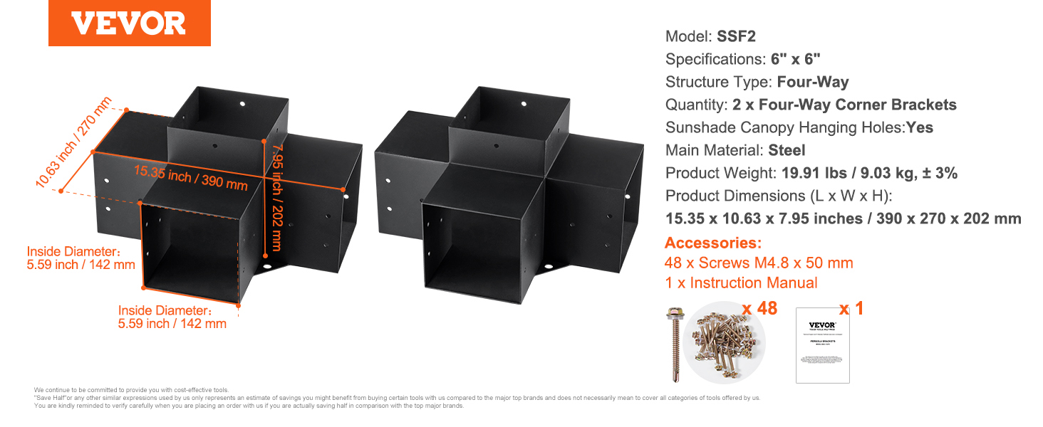 VEVOR pergola bracket kit with two four-way steel corner brackets, dimensions: 15.35 x 10.63 x 7.95 inches.