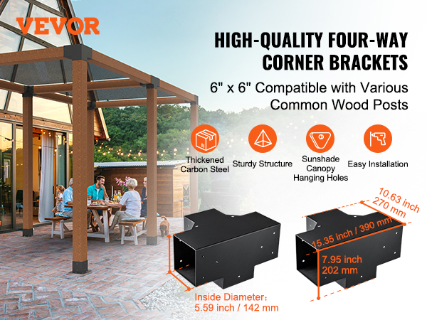 VEVOR pergola bracket kit installed in a garden, providing a sturdy structure for outdoor dining.