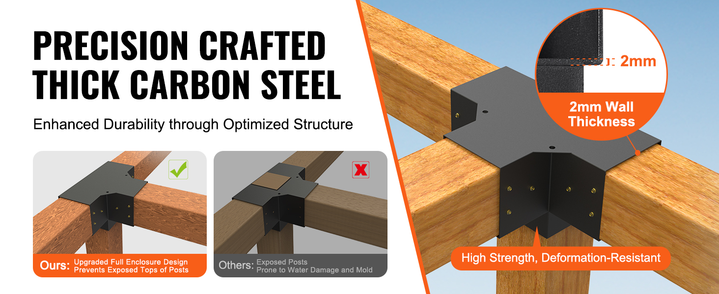 VEVOR pergola bracket kit with 2mm thick carbon steel for enhanced durability and full enclosure design.
