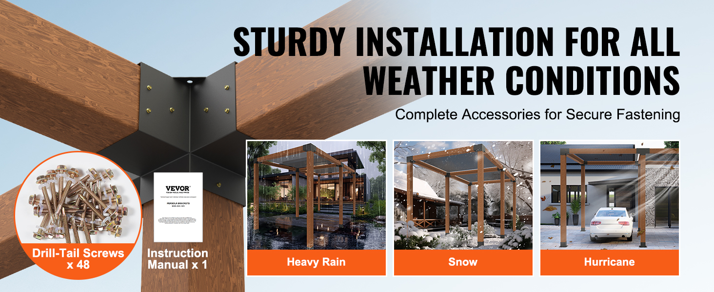 VEVOR pergola bracket kit for sturdy installation in heavy rain, snow, and hurricane conditions.
