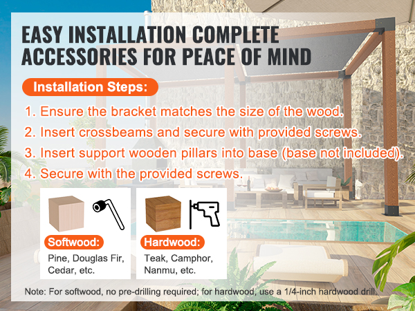 VEVOR pergola bracket kit installation guide with steps, accessories, and wood types. easy assembly.