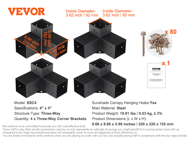 VEVOR pergola bracket kit, 4pcs three-way steel corner brackets with 80 screws and instruction manual.