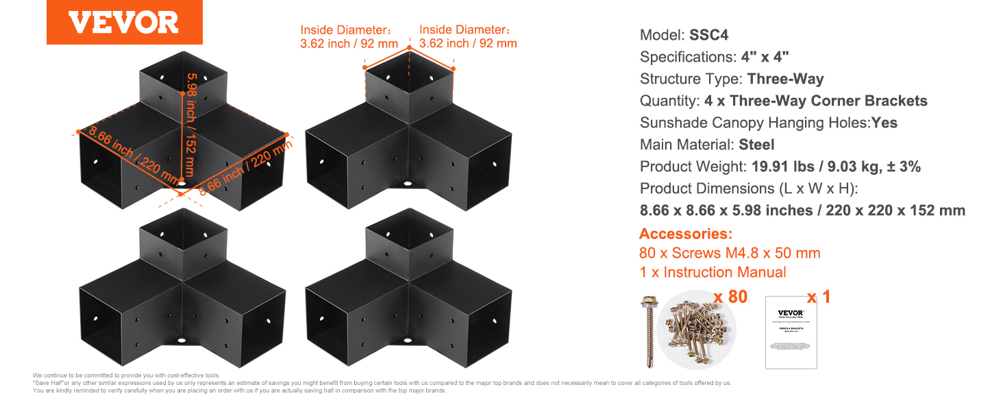 VEVOR pergola bracket kit, 4pcs three-way steel corner brackets with 80 screws and instruction manual.