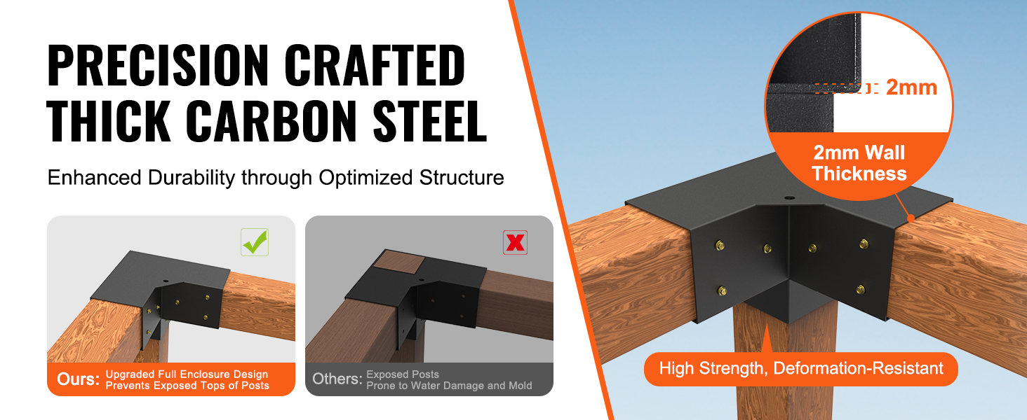 precision-crafted thick carbon steel VEVOR pergola bracket kit with 2mm wall thickness for durability.