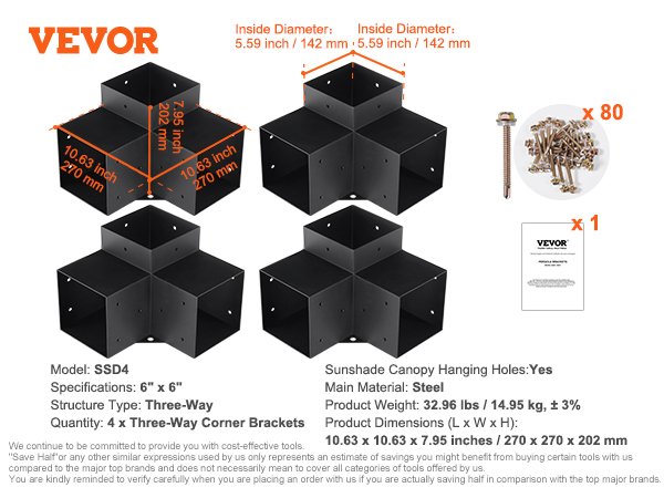 VEVOR pergola bracket kit, ssd4, includes four three-way corner brackets and 80 screws for assembly.