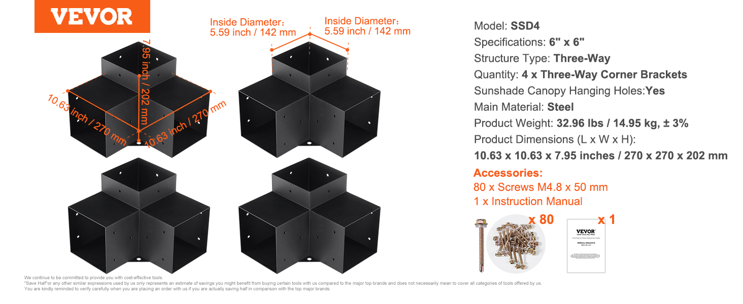 VEVOR pergola bracket kit, ssd4, includes four three-way corner brackets and 80 screws for assembly.
