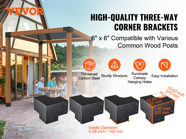 VEVOR pergola bracket kit: three-way corner brackets, thickened carbon steel, sturdy for outdoor dining.