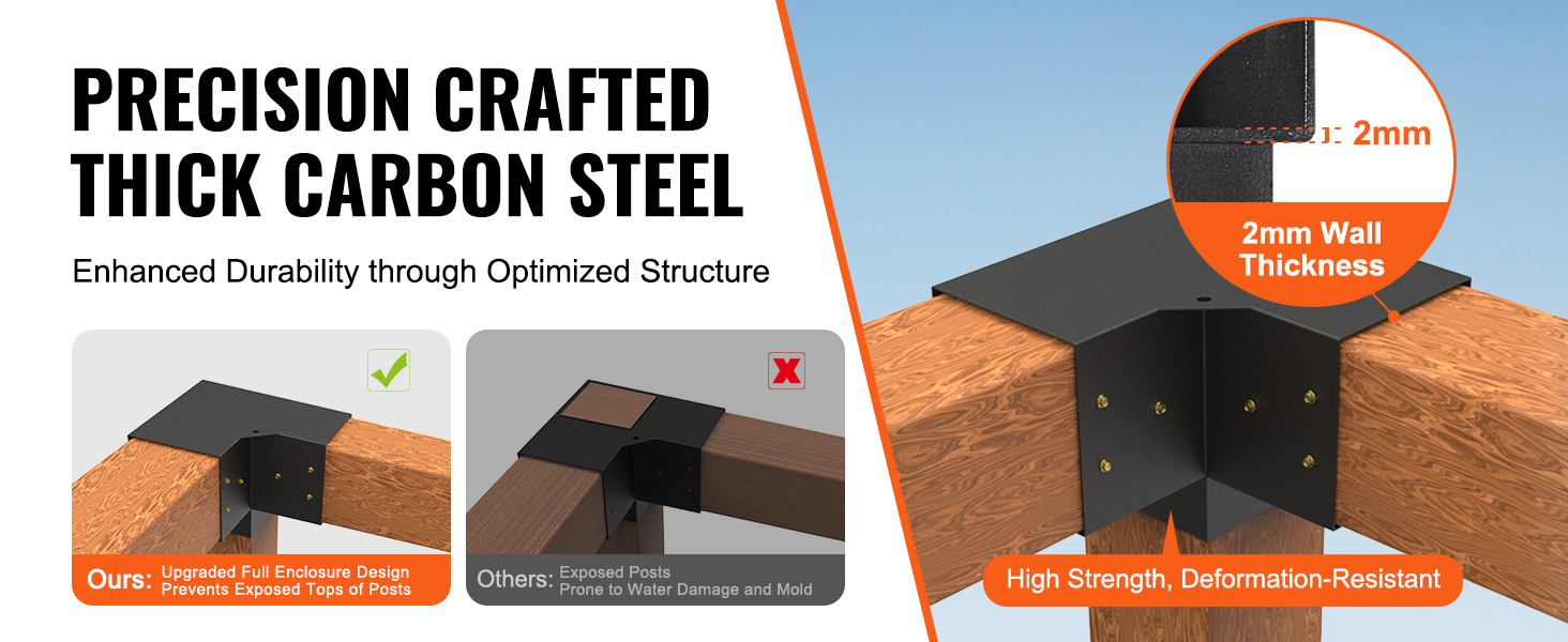 precision crafted thick carbon steel VEVOR pergola bracket kit with 2mm wall thickness for durability.