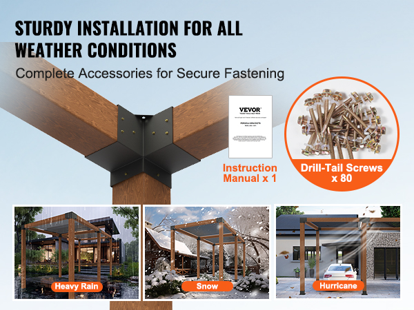 sturdy VEVOR pergola bracket kit featuring screws, manual, and strong installation in various weather.