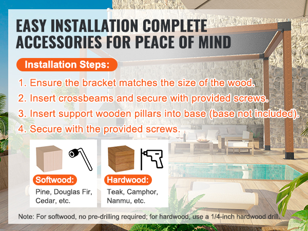 VEVOR pergola bracket kit installation steps with hardwood and softwood options.