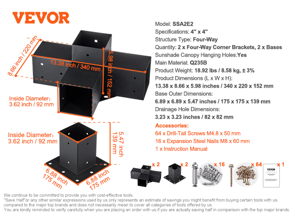 VEVOR pergola bracket kit with four-way corner brackets, screws, nails, bases, and instruction manual.