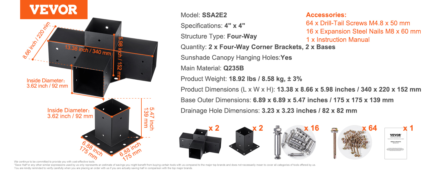 VEVOR pergola bracket kit with four-way corner brackets, screws, nails, bases, and instruction manual.