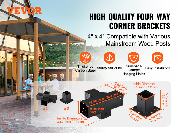VEVOR pergola bracket kit with 4x4 wood posts, sturdy corner brackets, and outdoor seating area.