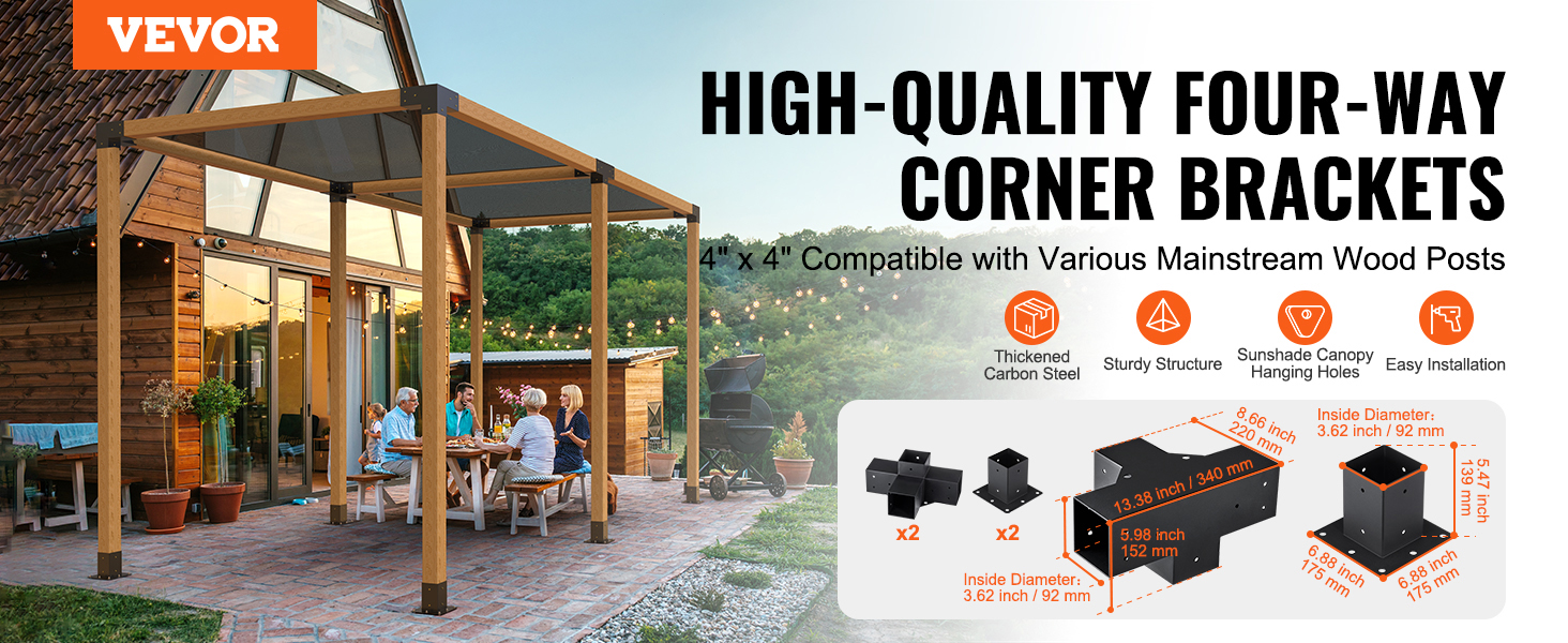 VEVOR pergola bracket kit with 4x4 wood posts, sturdy corner brackets, and outdoor seating area.