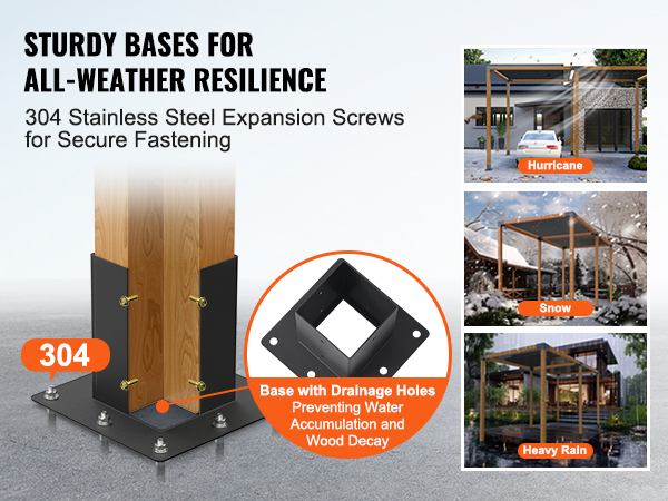 VEVOR pergola bracket kit with 304 steel, drainage holes, and secure fastening for all-weather resilience.