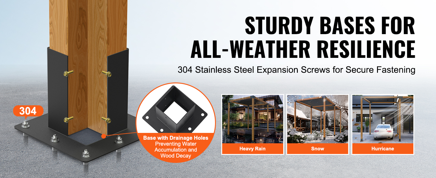 VEVOR pergola bracket kit with 304 steel, drainage holes, and secure fastening for all-weather resilience.