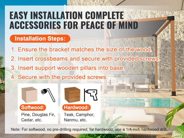 easy assembly instructions for VEVOR pergola bracket kit with steps and wood type recommendations.