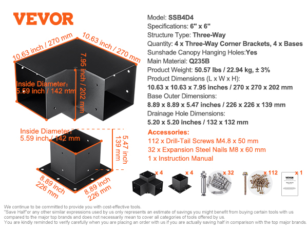 VEVOR pergola bracket kit with q235b steel, includes 4 three-way brackets, 4 bases, screws, and manual.