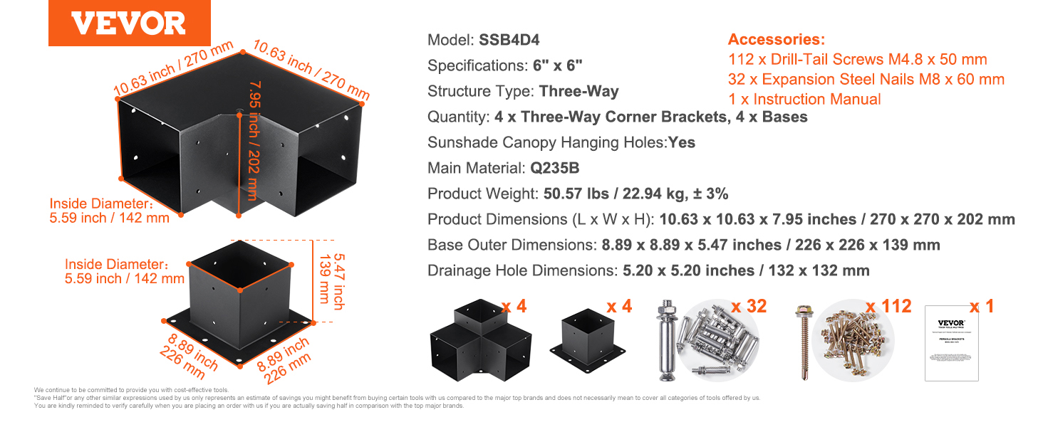VEVOR pergola bracket kit with q235b steel, includes 4 three-way brackets, 4 bases, screws, and manual.