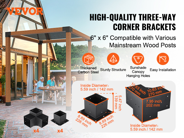 VEVOR pergola bracket kit for 6"x6" posts, family enjoying outdoor dining under pergola at sunset.