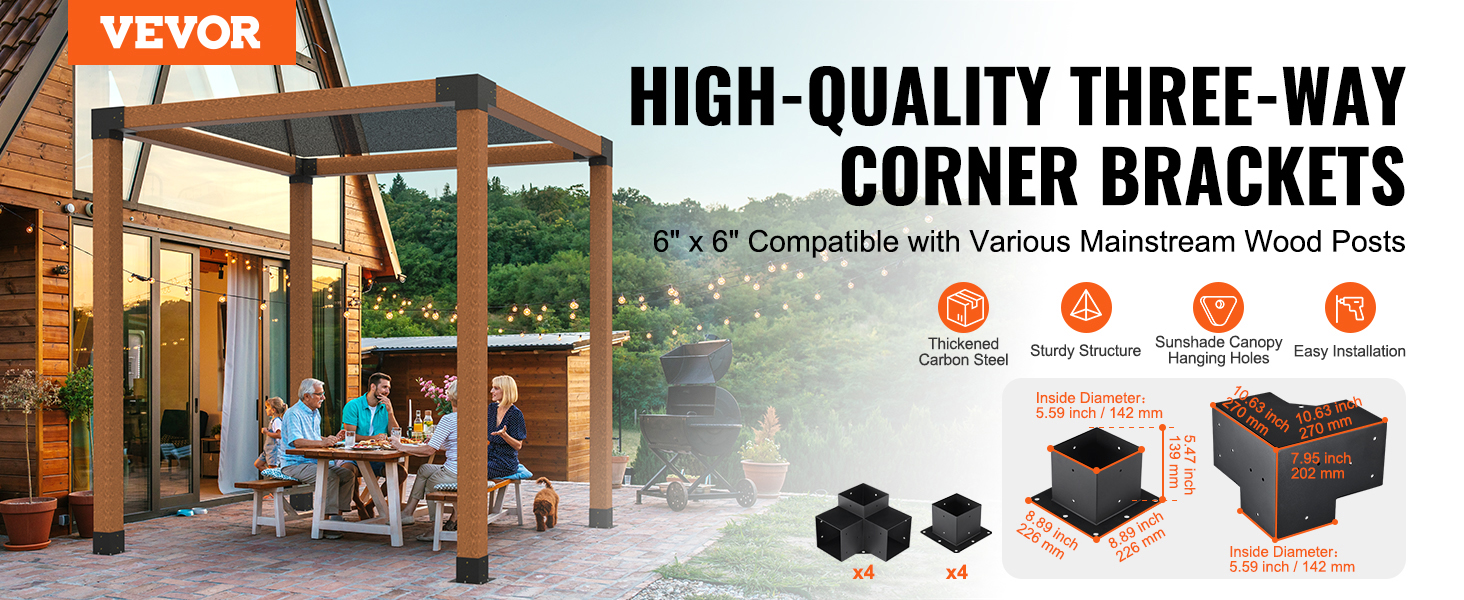 VEVOR pergola bracket kit for 6"x6" posts, family enjoying outdoor dining under pergola at sunset.