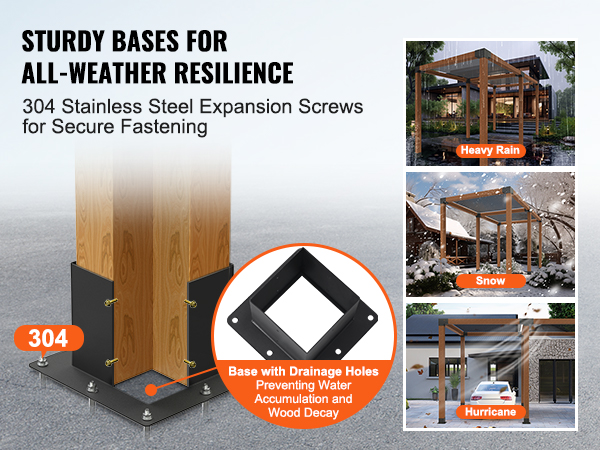 VEVOR pergola bracket kit with 304 stainless steel expansion screws, supports in heavy rain, snow, hurricane.