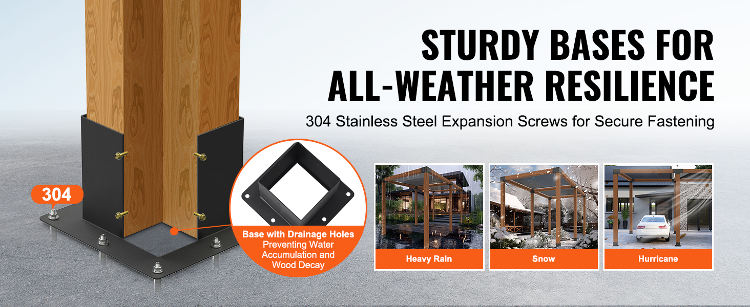 VEVOR pergola bracket kit with 304 stainless steel expansion screws, supports in heavy rain, snow, hurricane.