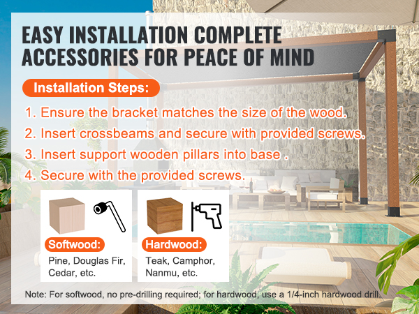 VEVOR pergola bracket kit installation steps shown with details for softwood and hardwood types.