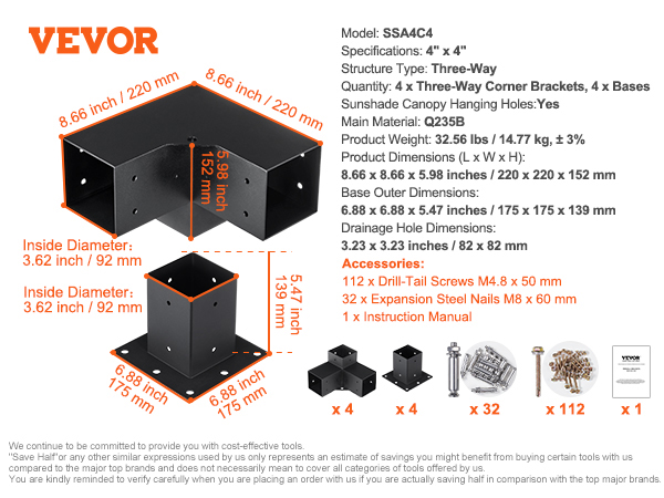 VEVOR pergola bracket kit diagram with dimensions, screws, nails, and installation instructions.
