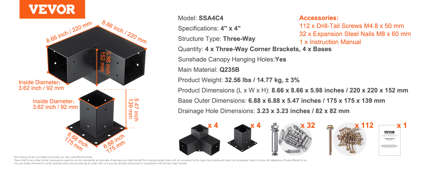 VEVOR pergola bracket kit diagram with dimensions, screws, nails, and installation instructions.