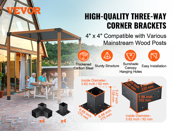 VEVOR pergola bracket kit displayed on a patio with family dining under a wooden pergola.