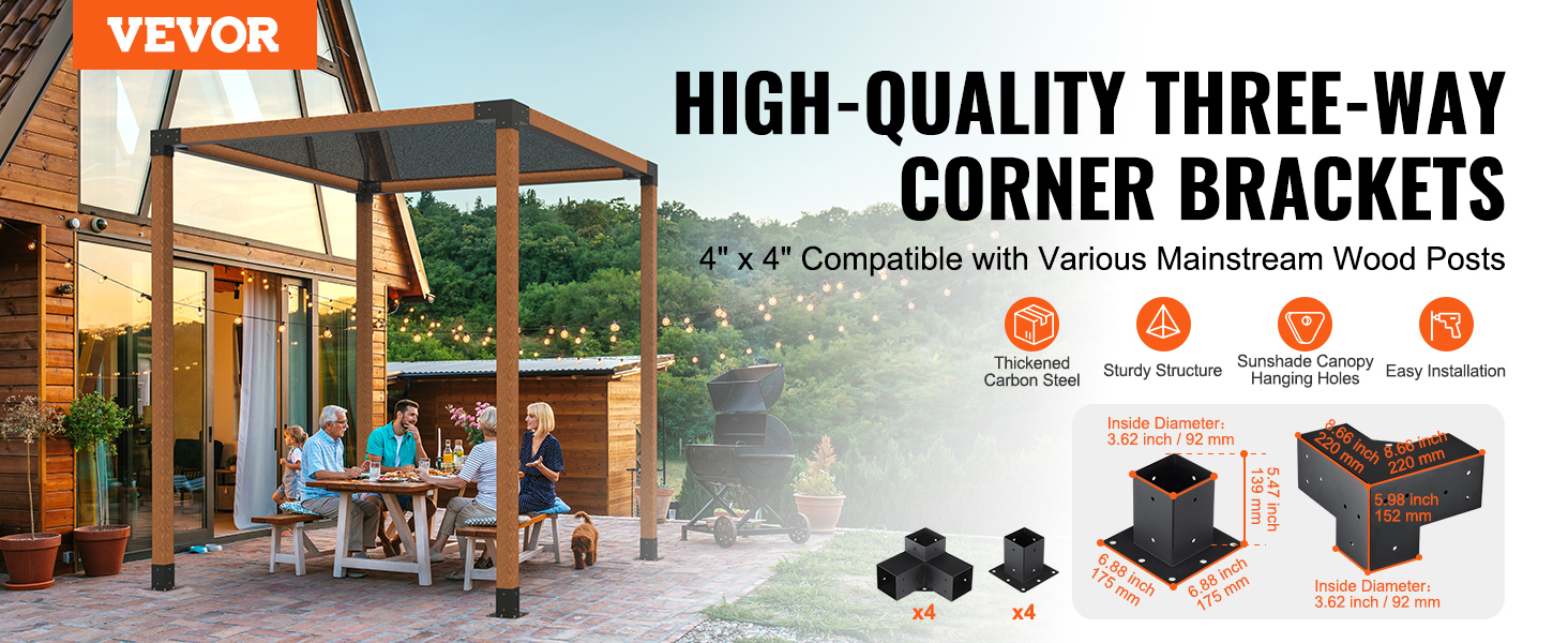 VEVOR pergola bracket kit displayed on a patio with family dining under a wooden pergola.