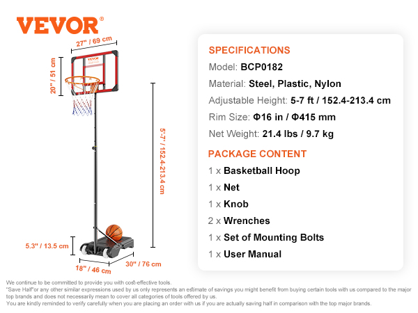 VEVOR basketball hoop with adjustable height, 16-inch rim, steel, plastic, nylon construction.
