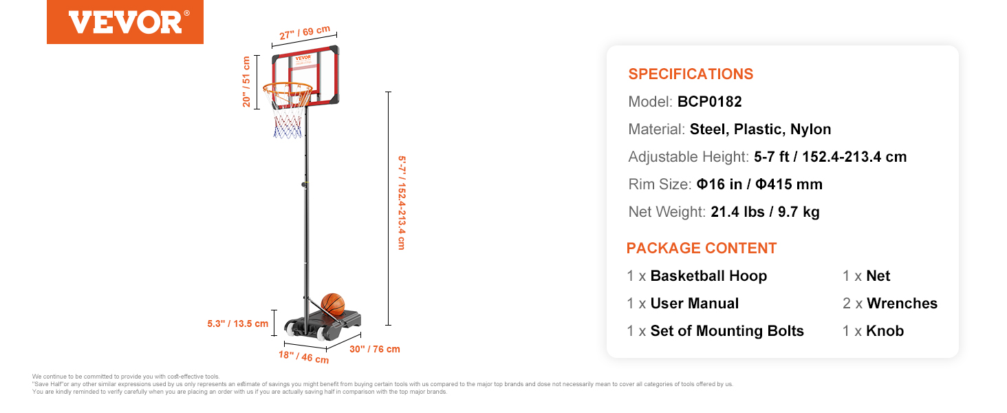 VEVOR basketball hoop with adjustable height, 16-inch rim, steel, plastic, nylon construction.