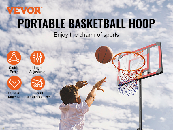 VEVOR basketball hoop features a height-adjustable, portable design for indoor and outdoor use.