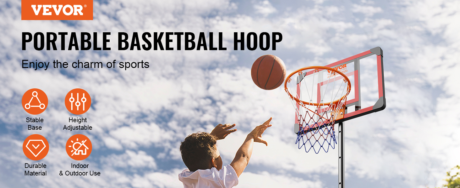 VEVOR basketball hoop features a height-adjustable, portable design for indoor and outdoor use.