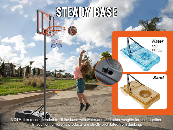 child playing basketball outdoors with a VEVOR basketball hoop featuring a steady water/sand base.