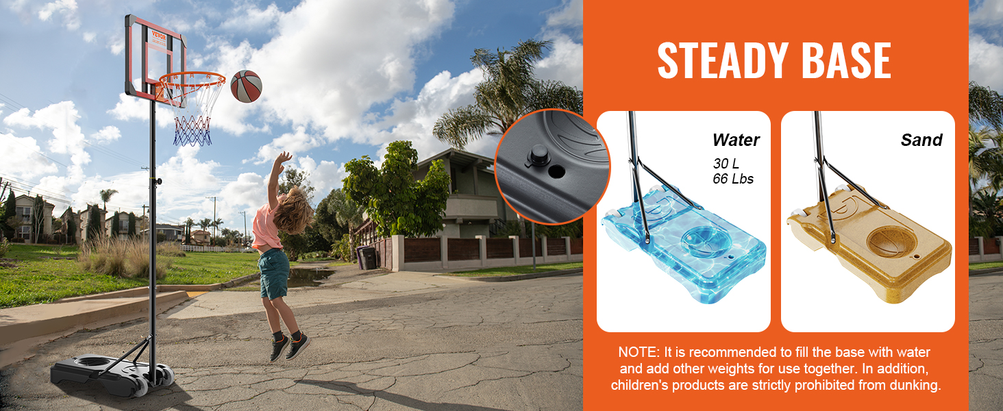 child playing basketball outdoors with a VEVOR basketball hoop featuring a steady water/sand base.