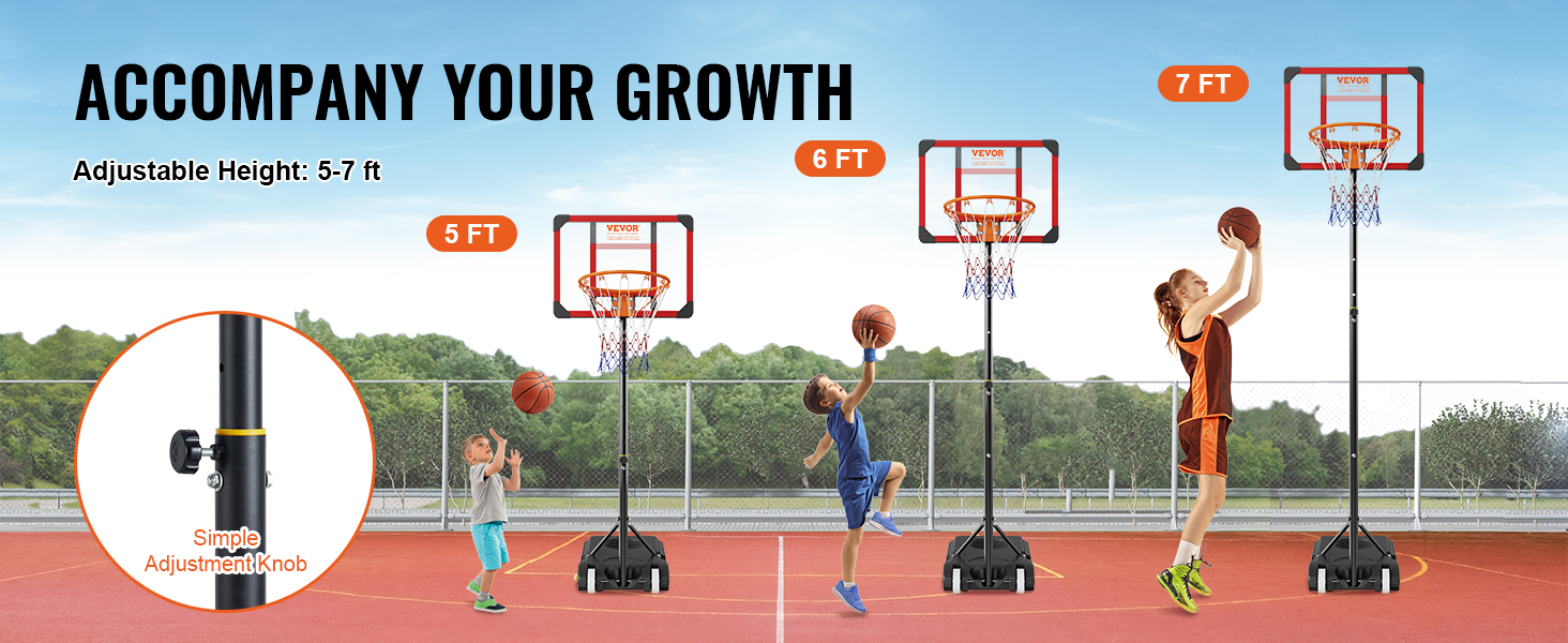 VEVOR basketball hoop with adjustable height feature (5-7 ft) and simple adjustment knob.
