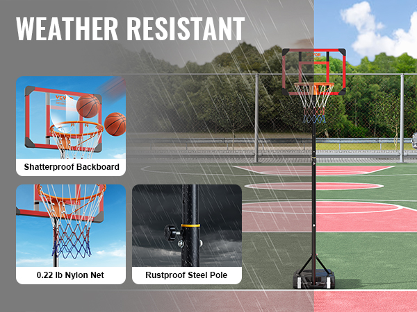 weather resistant VEVOR basketball hoop with premium pc backboard, nylon net, and rustproof steel pole.