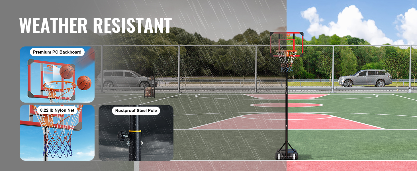 weather resistant VEVOR basketball hoop with premium pc backboard, nylon net, and rustproof steel pole.