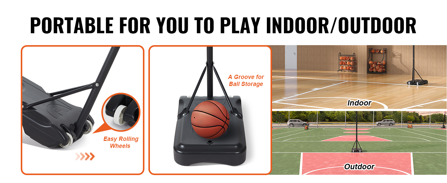 VEVOR basketball hoop with rolling wheels and ball storage for indoor and outdoor play.